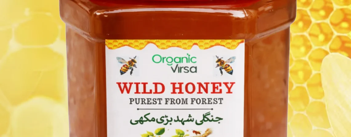 Organic Virsa Wild Forest Honey 500g hexagonal jar – 100% pure raw honey sourced from Pakistani forests, no additives no sugar