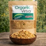 Organic Virsa Panjiri pouch with wooden bowl full of panjiri mix – made with nuts, seeds, fox nuts, raisins and desi ghee